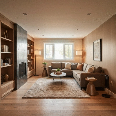 Modern renovated basement with comfortable seating and warm lighting