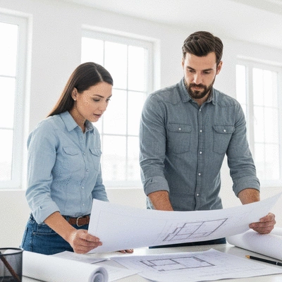 Person reviewing construction plans with a contractor, illustrating document preparation