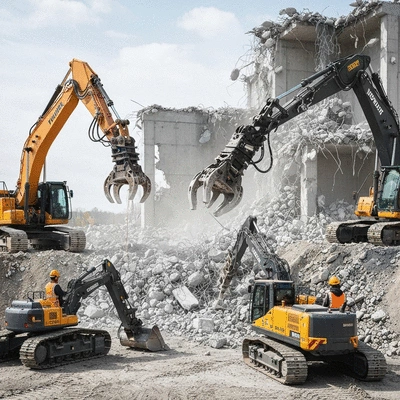 Robots télécommandés travaillant sur un chantier de démolition