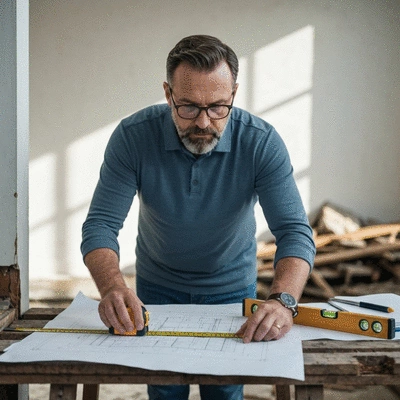 Un professionnel évaluant les dommages d'une maison après un sinistre, avec des outils de mesure et des plans, no text, no words, no typography, no labels, clean image
