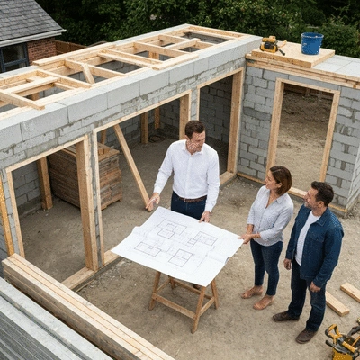 Architect discussing house extension plans with a couple