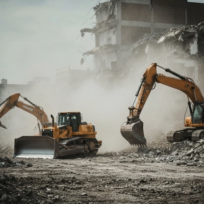 Heavy machinery on a demolition site, with dust and debris, emphasizing environmental impact, no text, no words, no typography, clean image