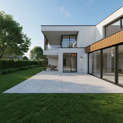 Modern house with a newly installed concrete slab patio, clean architectural lines