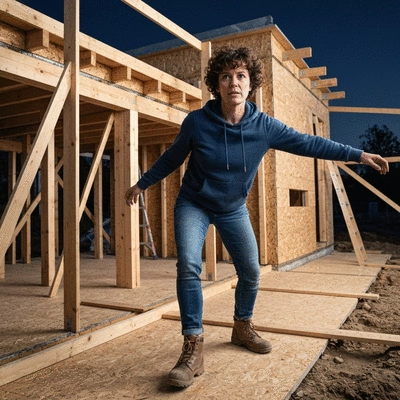 Architect holding blueprints in front of a sustainable wooden house construction site