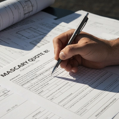 Gros plan sur une main tenant un crayon et remplissant un devis de maçonnerie, avec des documents techniques en arrière-plan, lumière naturelle, no text, no words, no typography, 8K, clean image