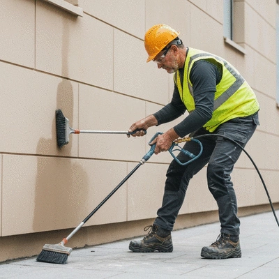 Professional mason applying a protective coating to a building facade with modern tools and safety gear, no text, no words, no typography, clean image