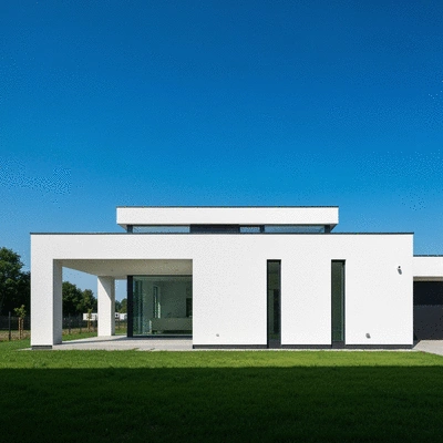 Extérieur d'une maison moderne nouvellement construite avec un design épuré