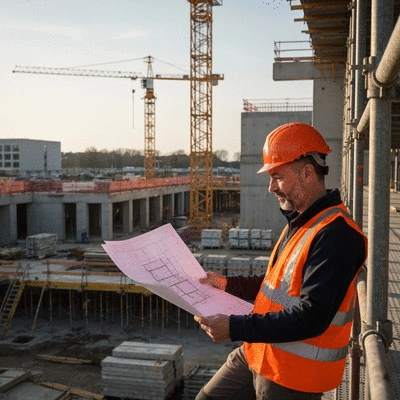 Construction worker consulting architectural plans on a building site in Nantes