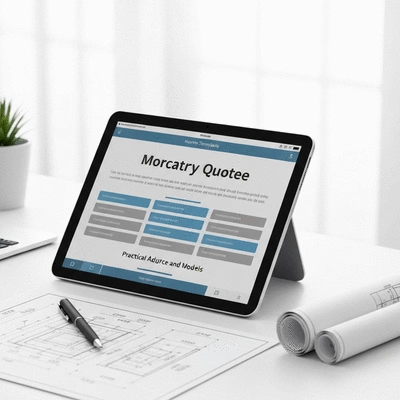 Digital tablet displaying a masonry quote template with a pen and blueprints on a desk