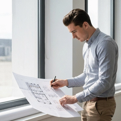Architect reviewing blueprints for an agricultural building conversion in Nantes, France
