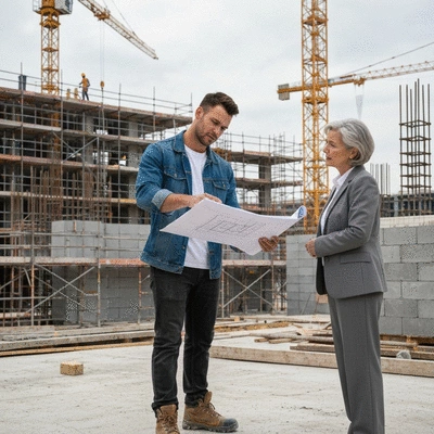 Masonry worker pointing at a blueprint with a client, discussing project details
