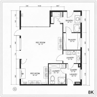 Architectural drawing or blueprint of a renovated basement layout