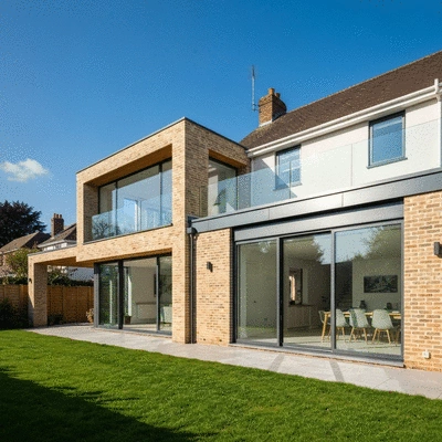 Modern house extension with a mix of masonry and large windows, showcasing expanded living space, no text, no words, no typography, clean image