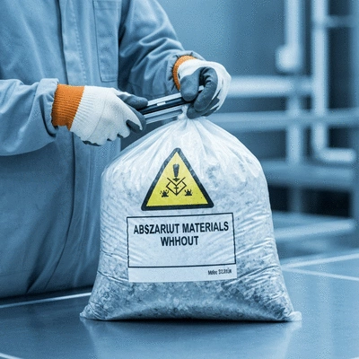 Close-up of a worker's hands in protective gloves handling asbestos waste in a sealed bag, clean image, no text