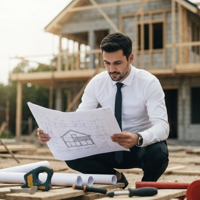 Architect reviewing building plans on a construction site