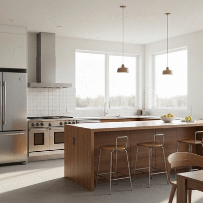 Modern kitchen with stainless steel appliances and natural light