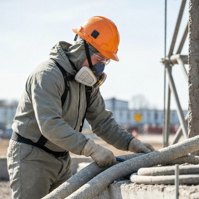 Un ouvrier avec un équipement de protection complet travaillant sur un chantier de désamiantage, mettant en évidence la sécurité
