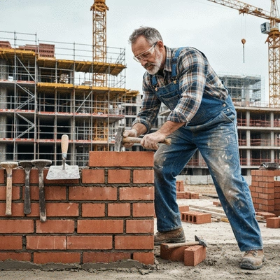 Maçon travaillant sur un mur porteur en briques, outils de maçonnerie au premier plan, chantier de construction moderne en arrière-plan
