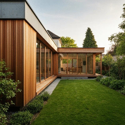 Modern house extension with wooden facade and large windows