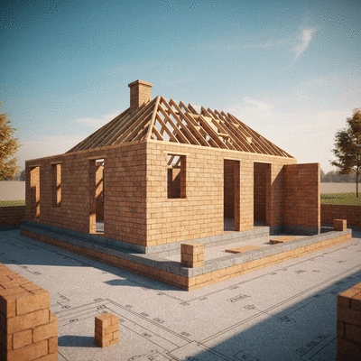 Architectural drawing of a house extension in progress, with structural masonry elements clearly visible, no text, no words, no typography, clean image