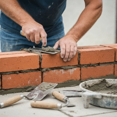 Gros plan sur un maçon travaillant avec une truelle et du mortier sur un mur en briques
