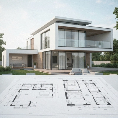 Modern house with an added second story, showing architectural plans