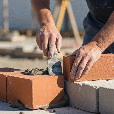 Gros plan sur des mains de maçon travaillant avec du mortier et des briques, se concentrant sur les détails et la précision, fond flou d'un chantier