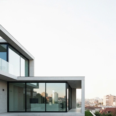Modern house exterior with clean lines and large windows in an urban setting