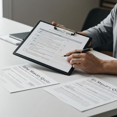 Person using a checklist on a clipboard to compare different masonry quotes