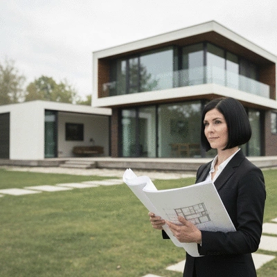 Architect holding blueprints with a renovated house in the background, showing planning and clear communication