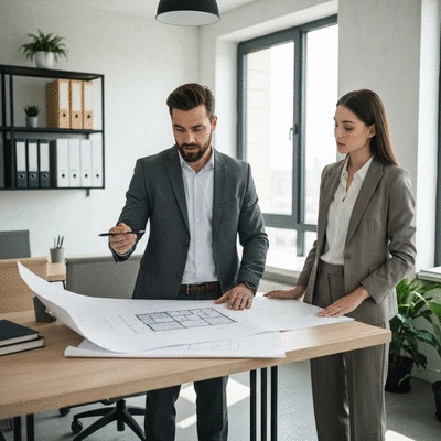 Professional architect reviewing building plans with a client, modern office setting, no text, no words, no typography