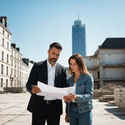 Architect reviewing demolition plans with a client on a construction site in Nantes, France, with a modern building in the background