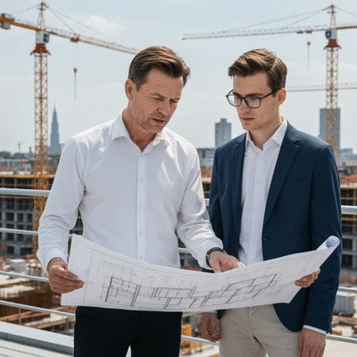 Architecte et client visualisant des plans de construction sur un chantier