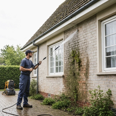 Worker cleaning a house facade with a high-pressure washer