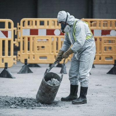 Worker in full protective gear performing asbestos removal on a construction site, clean image, no text