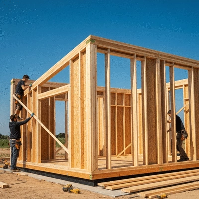 Modern wooden kit house under construction with workers assembling prefabricated walls
