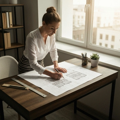 Architect reviewing building plans on a desk, no text, no words, no typography, 8K, natural lighting