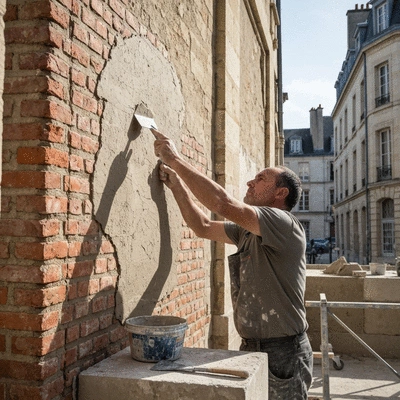 Application d'enduit structurel sur un mur de bâtiment ancien à Nantes