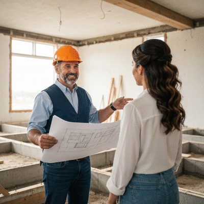 Un entrepreneur en bâtiment discutant des plans de rénovation avec un propriétaire, sur un chantier propre et organisé, no text, no words, no typography, no labels, clean image