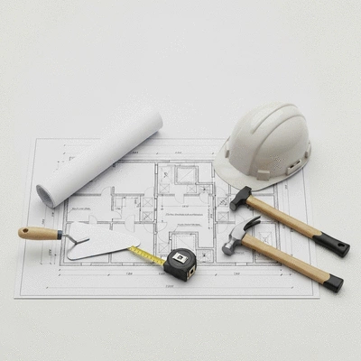 Architectural blueprint with construction tools and a hard hat, symbolizing construction planning and protection