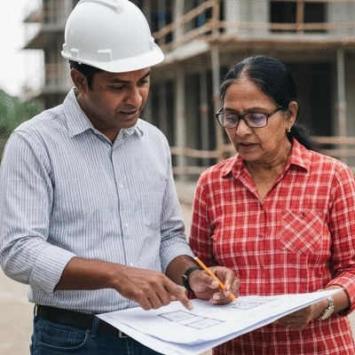 Architect reviewing construction blueprints with a client