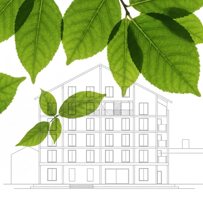 Architectural drawing or blueprint with green leaves overlay, symbolizing sustainable demolition and eco-friendly construction, no text, no words, no typography, clean image