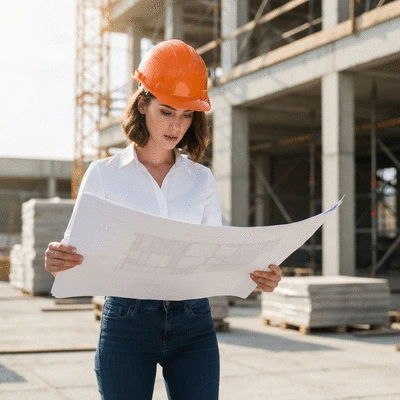 Architect reviewing building plans on a construction site, with safety helmets