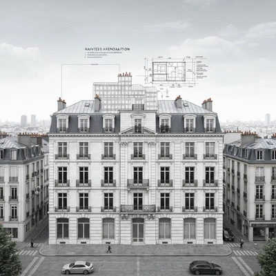 Architectural drawing of a building facade with renovation plans overlayed, Nantes cityscape in background, no text, no words, no typography
