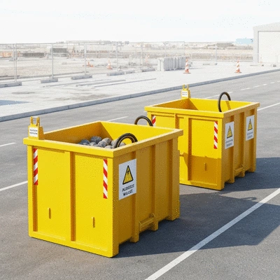 Conteneurs sécurisés pour déchets amiantés sur un site de construction, illustrant la gestion des déchets