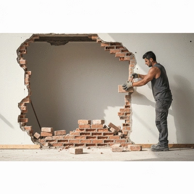 Worker carefully dismantling a wall, showing selective demolition process, with reusable materials being separated, no text, no words, no typography, clean image
