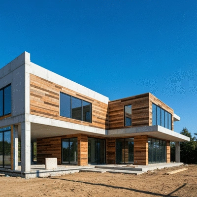 Modern house under construction with building materials
