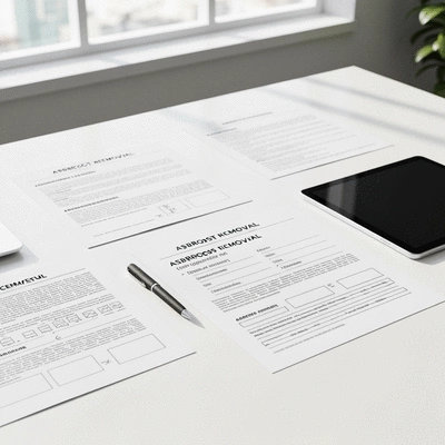 Documents and checklists for asbestos removal laid out on a clean desk