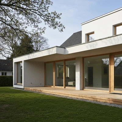 Modern house with a newly built veranda extension, natural light, clean architecture, no text, no words, no typography