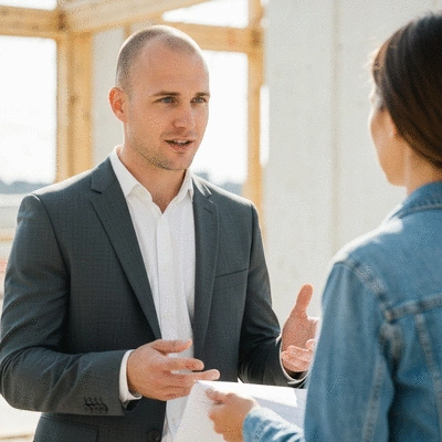 Professional architect and client reviewing renovation plans on a construction site, emphasizing collaboration and future steps